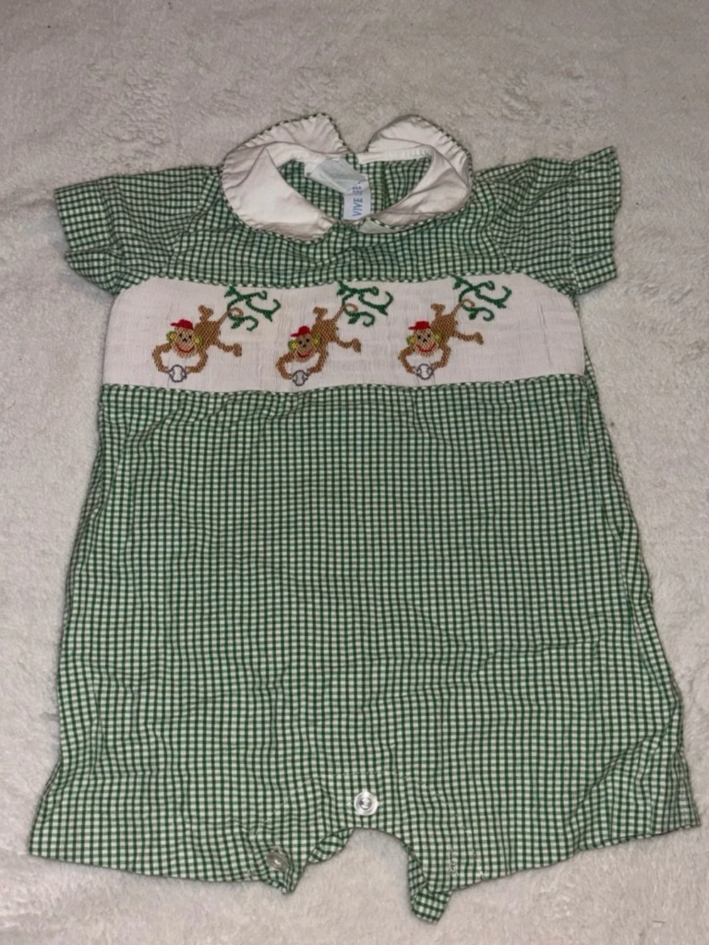 Green Gingham Smocked Baby One-Piece with Monkey Embroidery